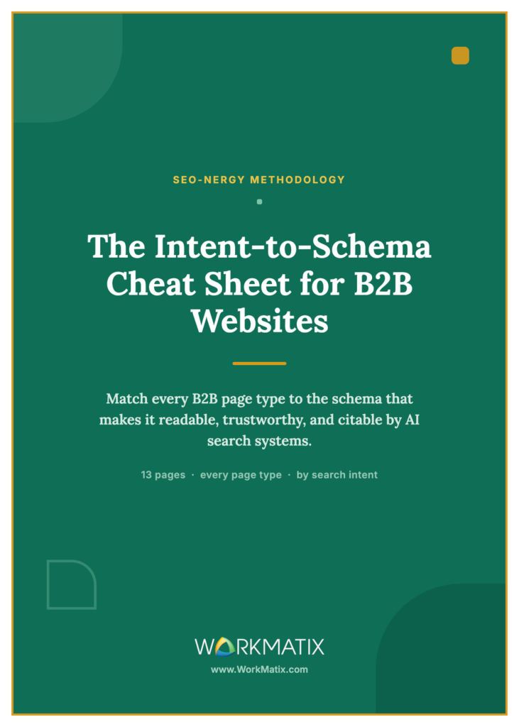 A free cheat sheet matching 20 B2B page types to the schema each one needs, organized by search journey stage.