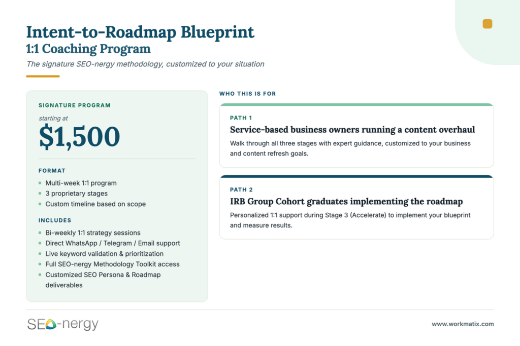 intent-to-roadmap pricing for one-on-one SEO coaching