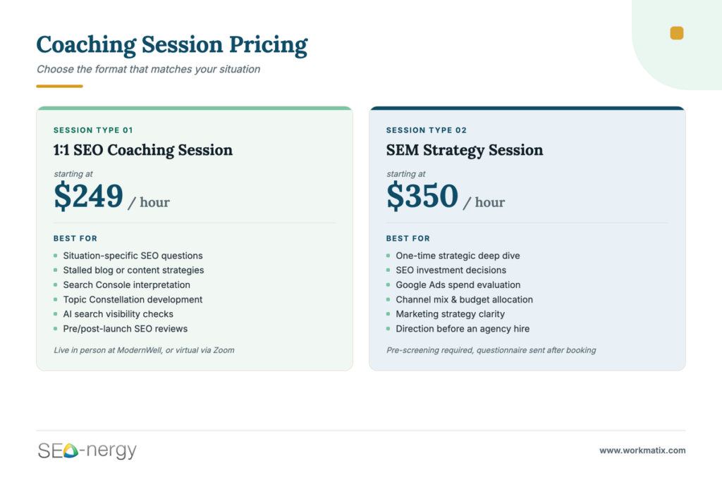 SEO coaching session pricing: $249 per hour