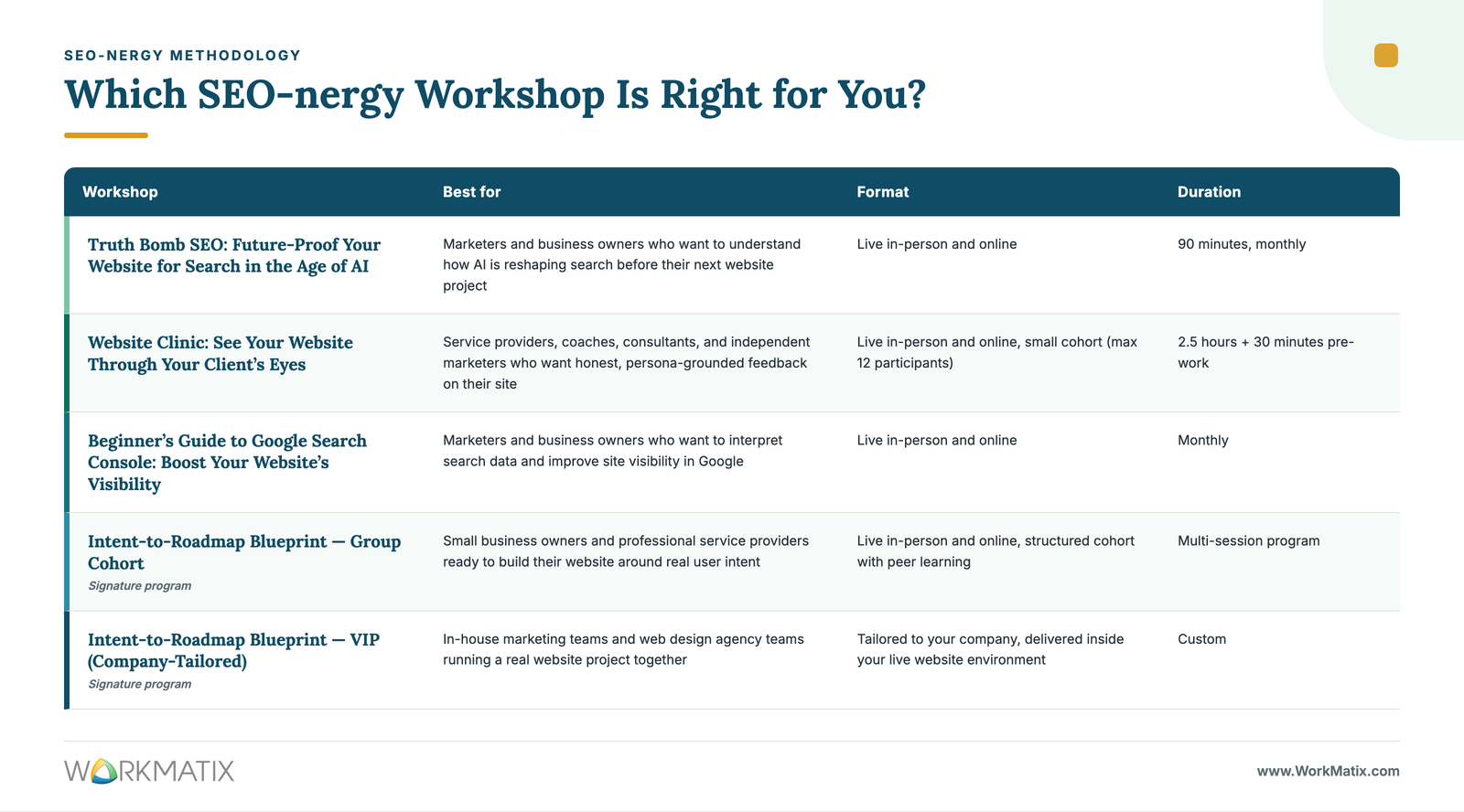 SEO-nergy workshop comparison table: Truth Bomb SEO, Website Clinic, Google Search Console, Group Cohort and VIP