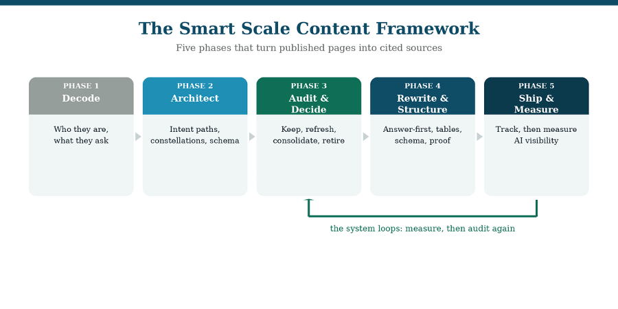The Smart Scale Content Framework: five phases of AI content optimization, from decode through architect, audit, rewrite and measure